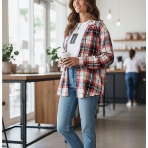 79.) PrettyLittleThing Red and White Plaid Button Down Shirt